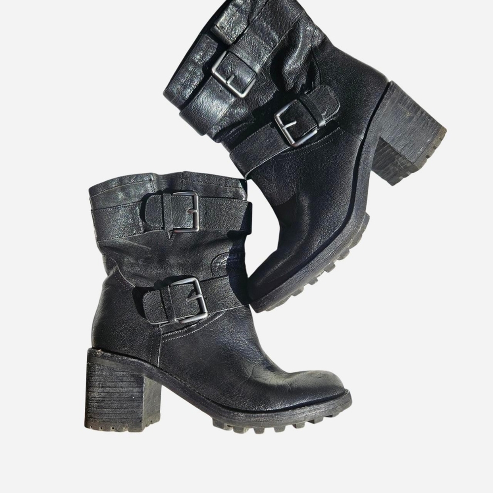 Black Leather Chunky Biker Boots